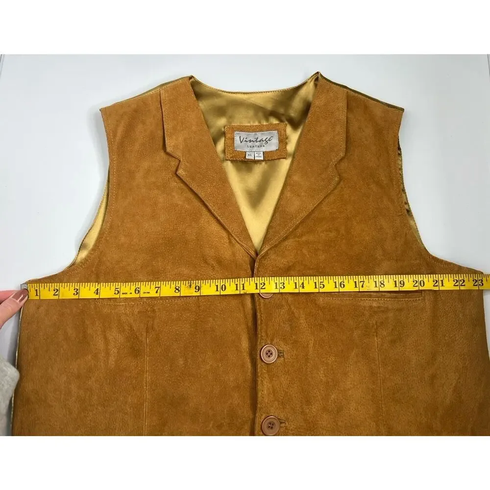 Vintage Leather Suede Vest Button Up Pockets Tan Brown Men's Size XL